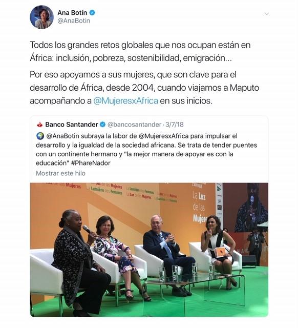 Tuit de Ana Botín sobre la labor de la Fundación Mujeres por África