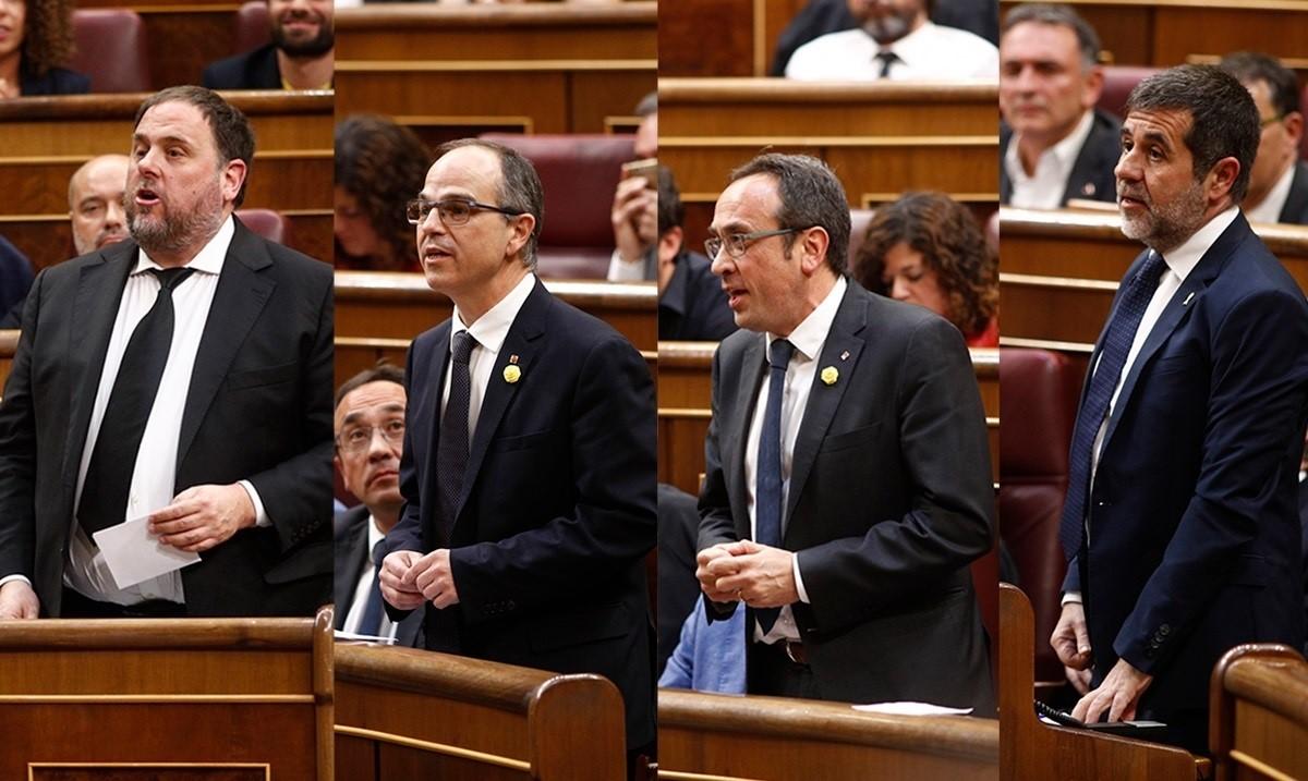 Oriol Junqueras, Jordi Turull, Josep Rull y Jordi Sanchez en su acatamiento a la Constitución en el Congreso. Europa Press.