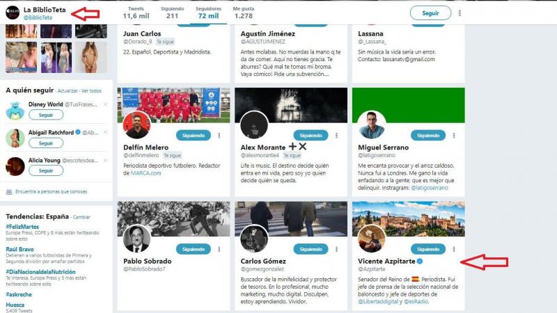 Seguidores del perfil del Twitter @Biblioteta al que sigue el senador del PP, Vicente Azpitarte. Seguidores del perfil del Twitter @Biblioteta al que sigue el senador del PP, Vicente Azpitarte.