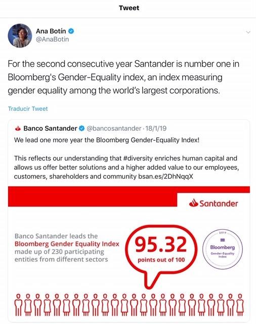 Tuit de Ana Botín sobre el esfuerzo de Banco Santander para incorporar talento femenino Tuit de Ana Botín sobre el esfuerzo de Banco Santander para incorporar talento femenino
