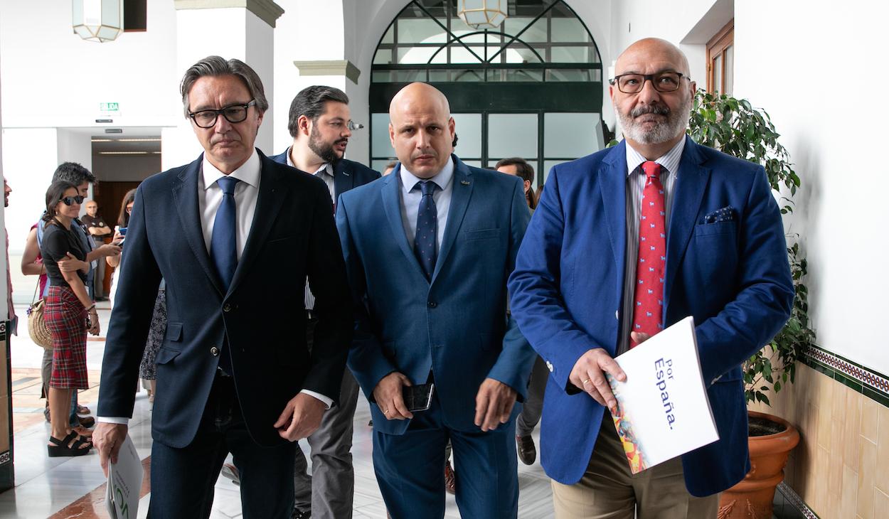 Los diputados de Vox Manuel Gavira, Rodrigo Alonso y Alejandro Hernández, en los pasillos del Parlamento. JESÚS PRIETO/EP