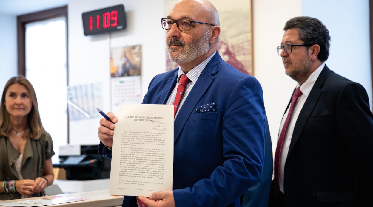 Los diputados Alejandro Hernández y Francisco Serrano, registrando la enmienda de Vox al Presupuesto. JESÚS PRIETO/EP