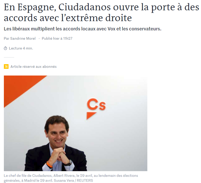 Noticia de 'Le Monde' sobre el pacto de Cs con la extrema derecha
