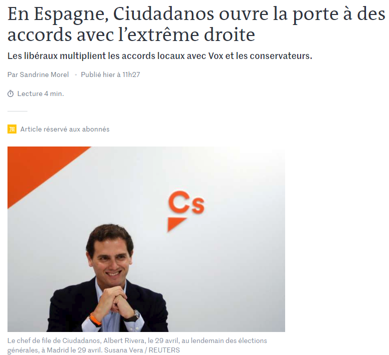 Noticia de 'Le Monde' sobre el pacto de Cs con la extrema derecha Noticia de 'Le Monde' sobre el pacto de Cs con la extrema derecha