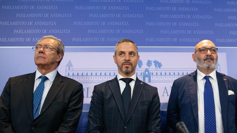 Rogelio Velasco (Cs), Juan Bravo (PP) y Alejandro Hernández (Vox), el pasado jueves tras la firma del pacto. JESÚS PRIETO/EP