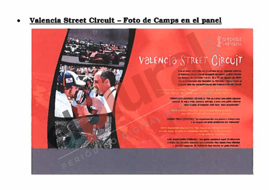 Imagen de unos de los carteles promocionales de Orange Market sobre la polémica Fórmula 1. En la imagen se incluyó una fotografía de Francisco Camps con Fernando Alonso.