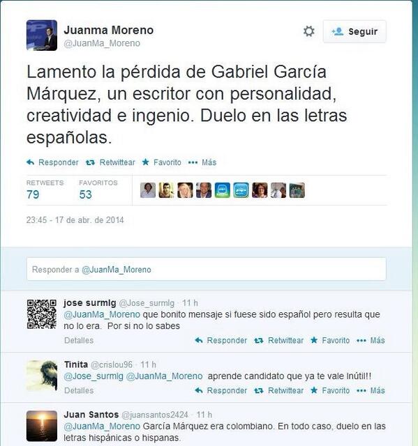 La red se mofa de del líder del PP andaluz por ignorar que García Márquez era colombiano