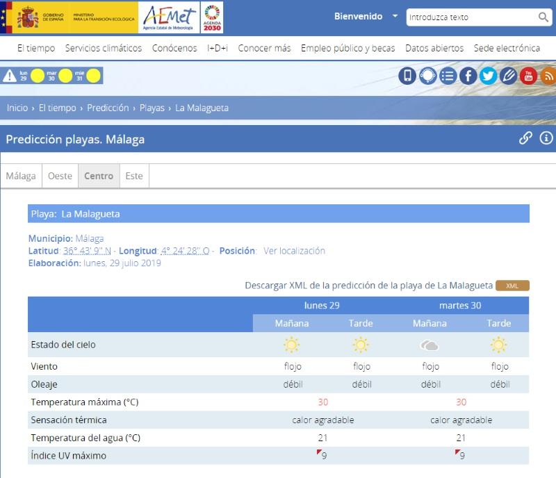 Captura web Aemet estado playas