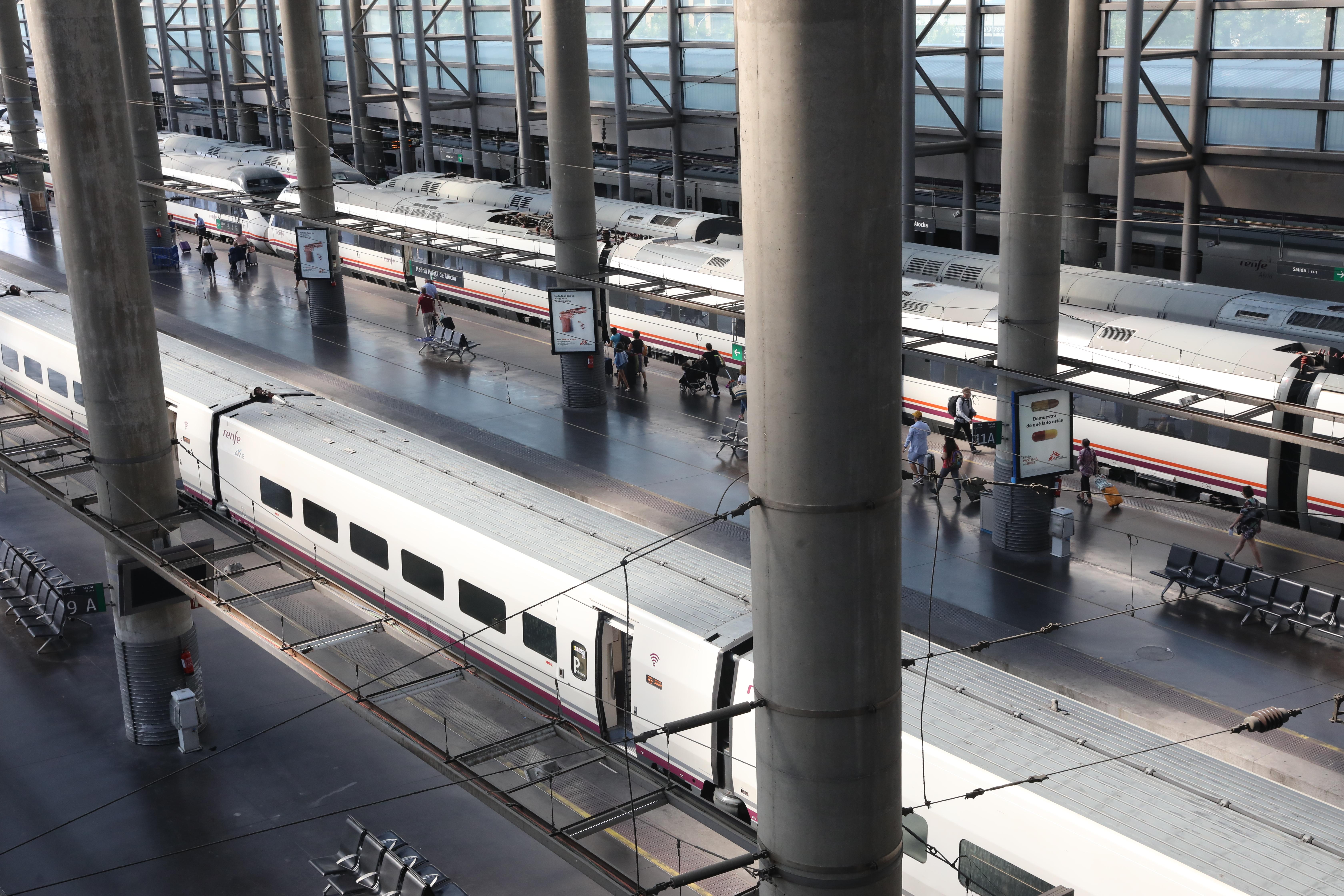 Vista de trenes en la estación de tren Puerta de Atocha de Madrid 