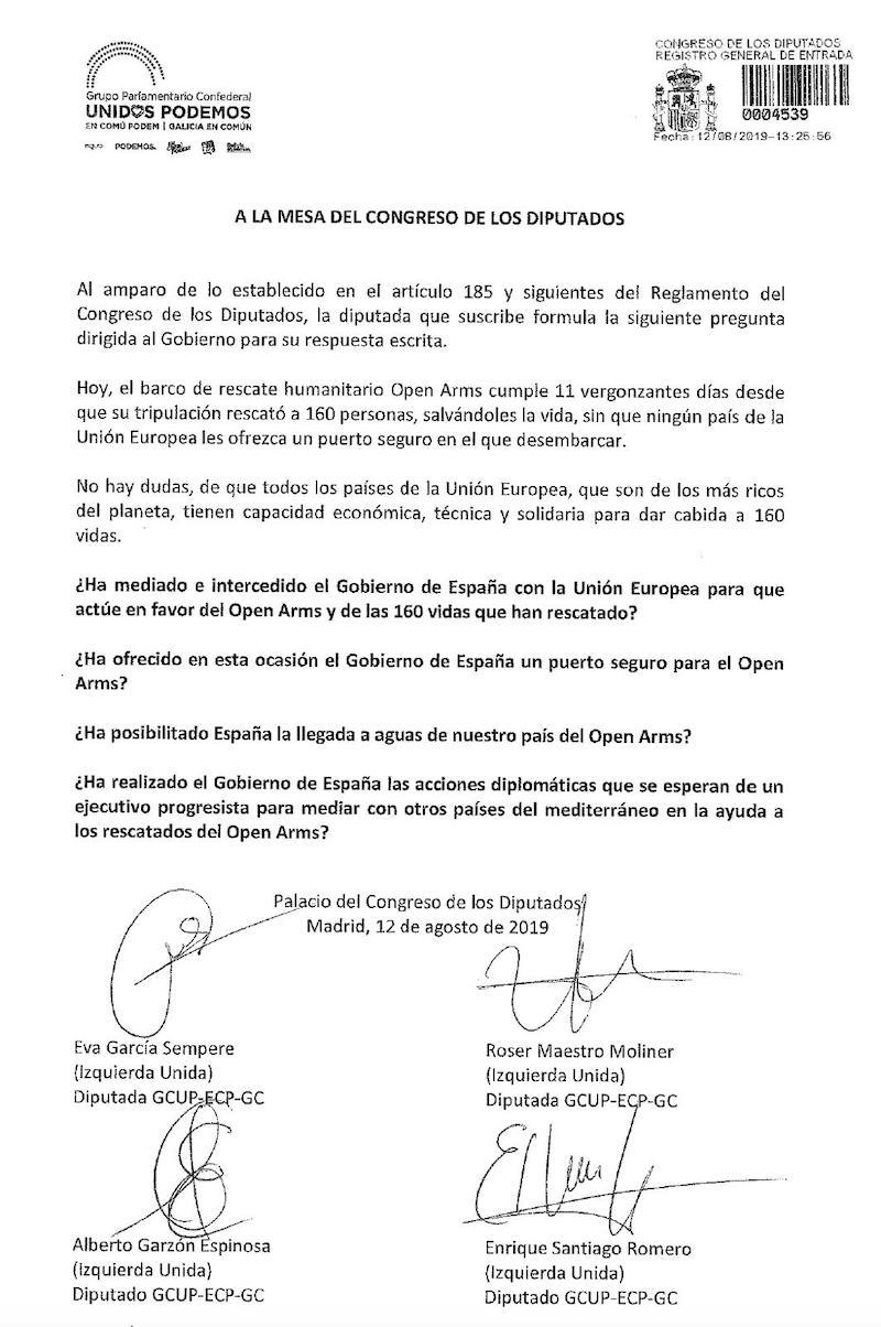 Bateria de preguntas de IU al Gobierno sobre el Open Arms Bateria de preguntas de IU al Gobierno sobre el Open Arms