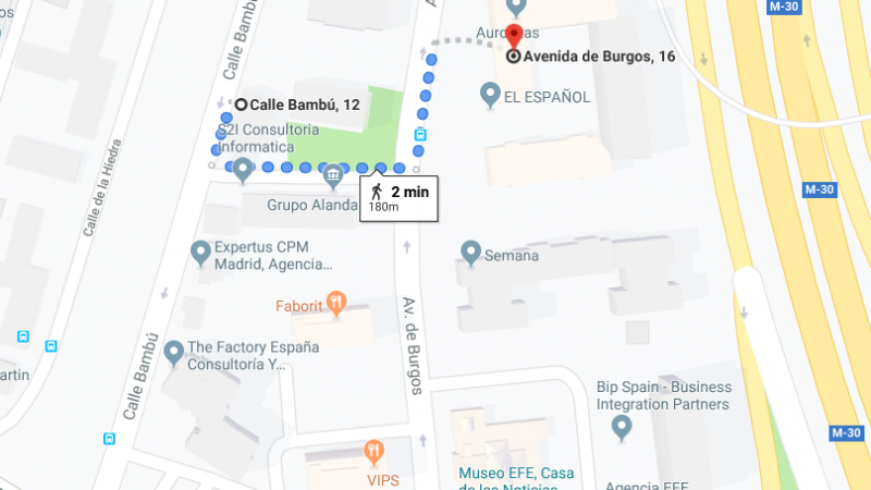 Distancia entre la sede de Vox y la de 'El Español'. Fuente: Google Maps.