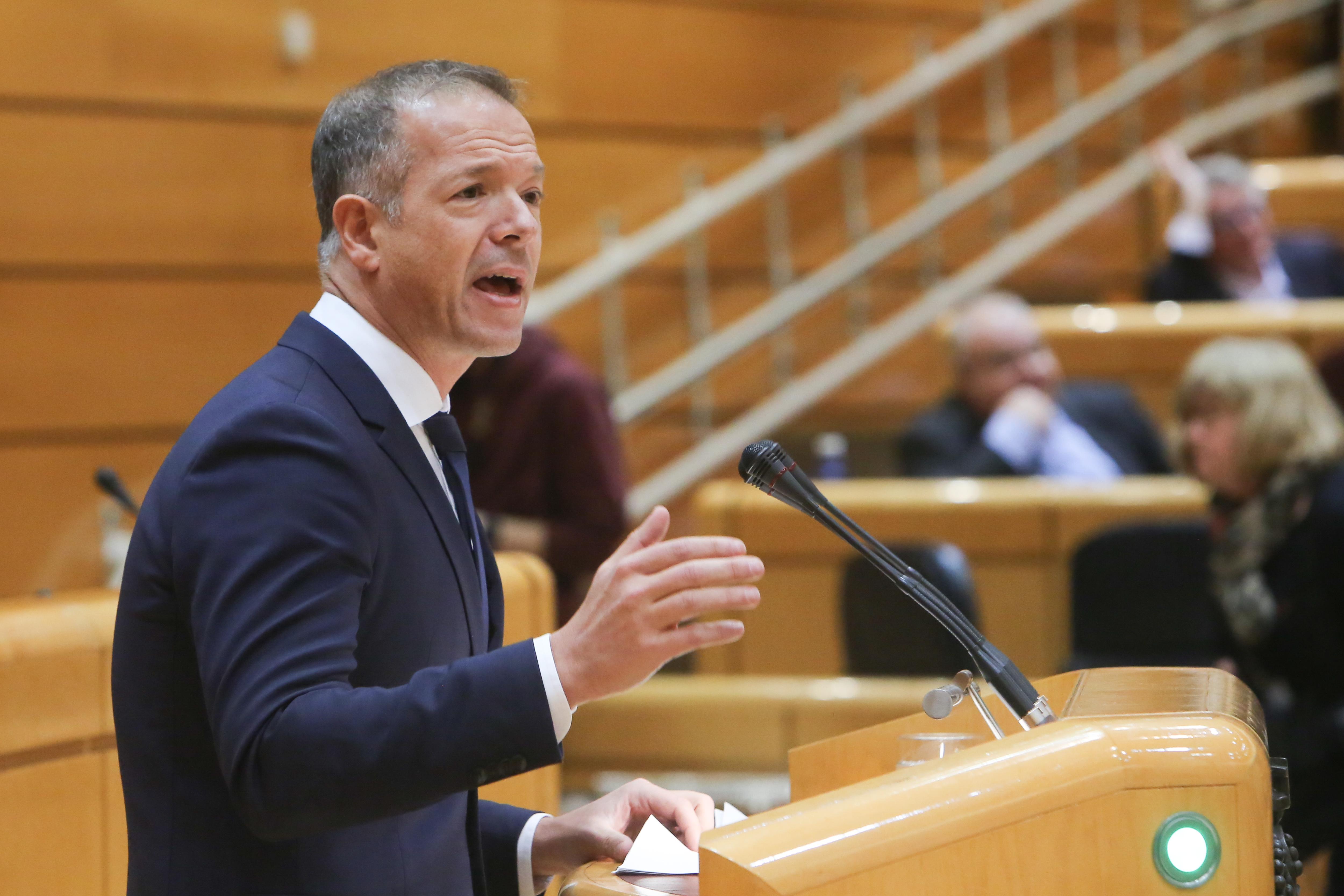 El portavoz del PSOE en el Senado Ander Gil interviene desde la tribuna en una sesión plenaria-Europa Press