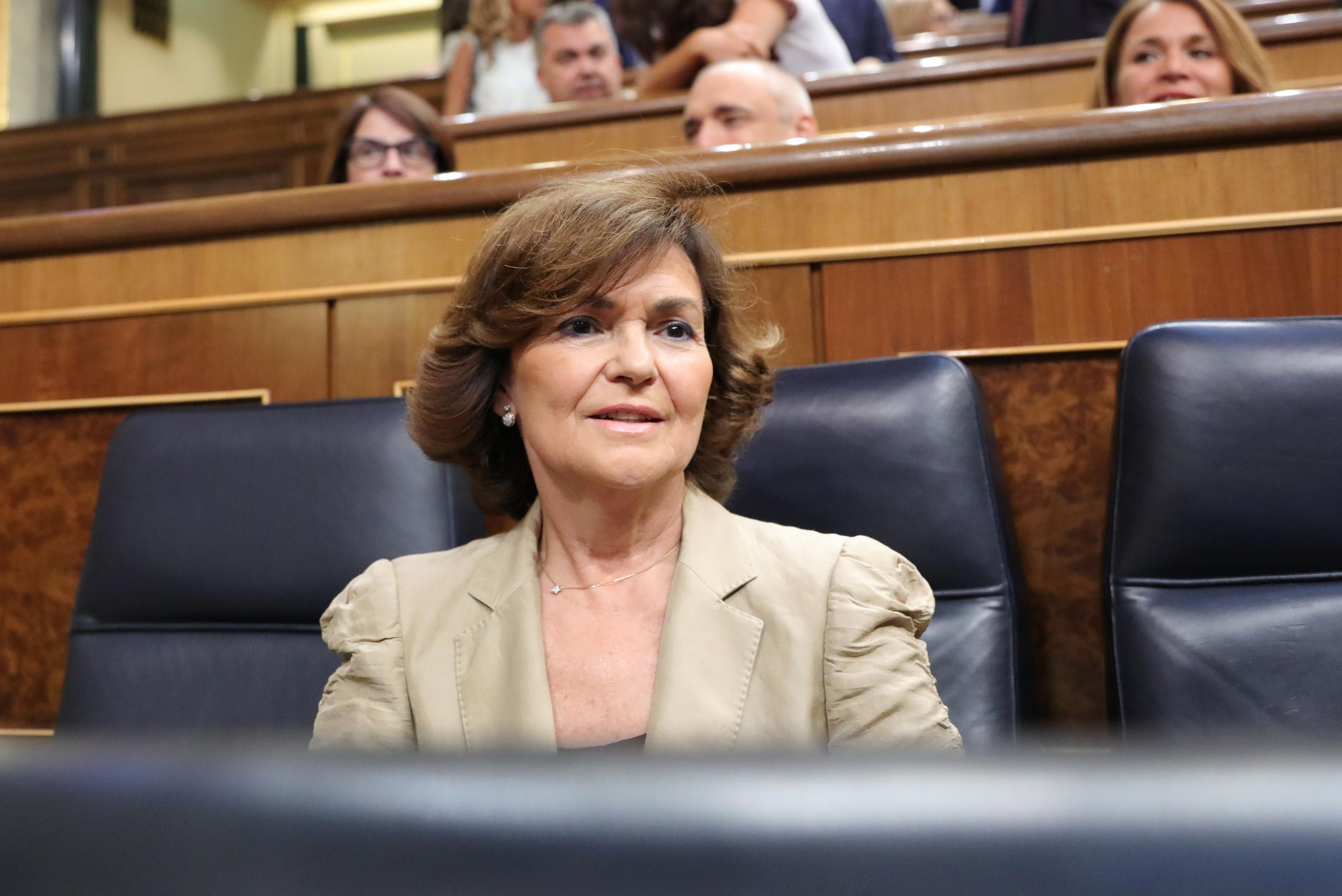 La vicepresidenta del Gobierno en funciones Carmen Calvo durante el Pleno extraordinario en el Congreso para tratar la gestión del 'Open Arms'