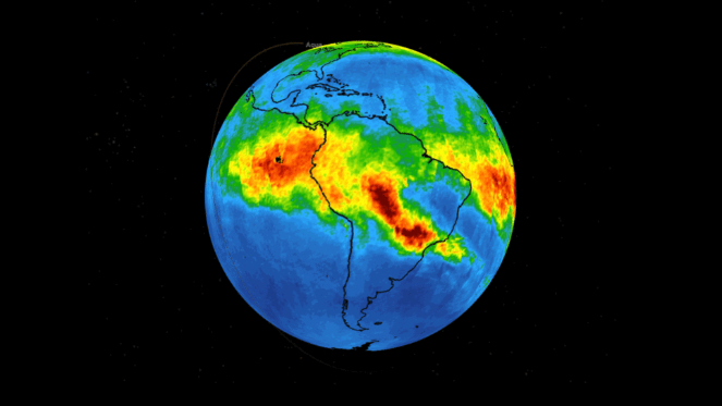 Imagen del efecto de los incendios del Amazonas en la atmósfera. Imagen: NASA