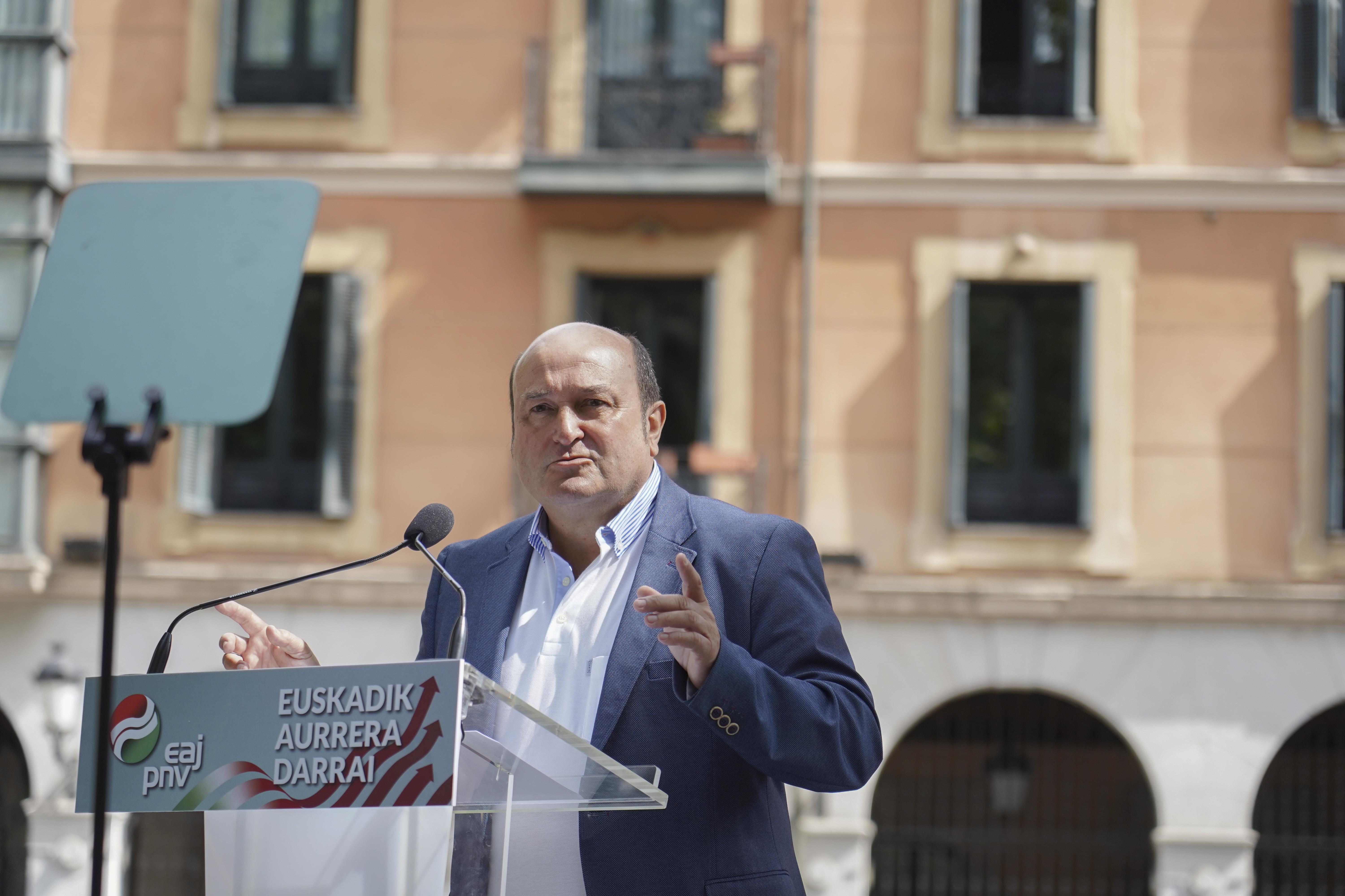 El presidente del EBB del PNV Andoni Ortuzar durante su intervención en el acto por el 124 aniversario de la fundación del PNV. EP