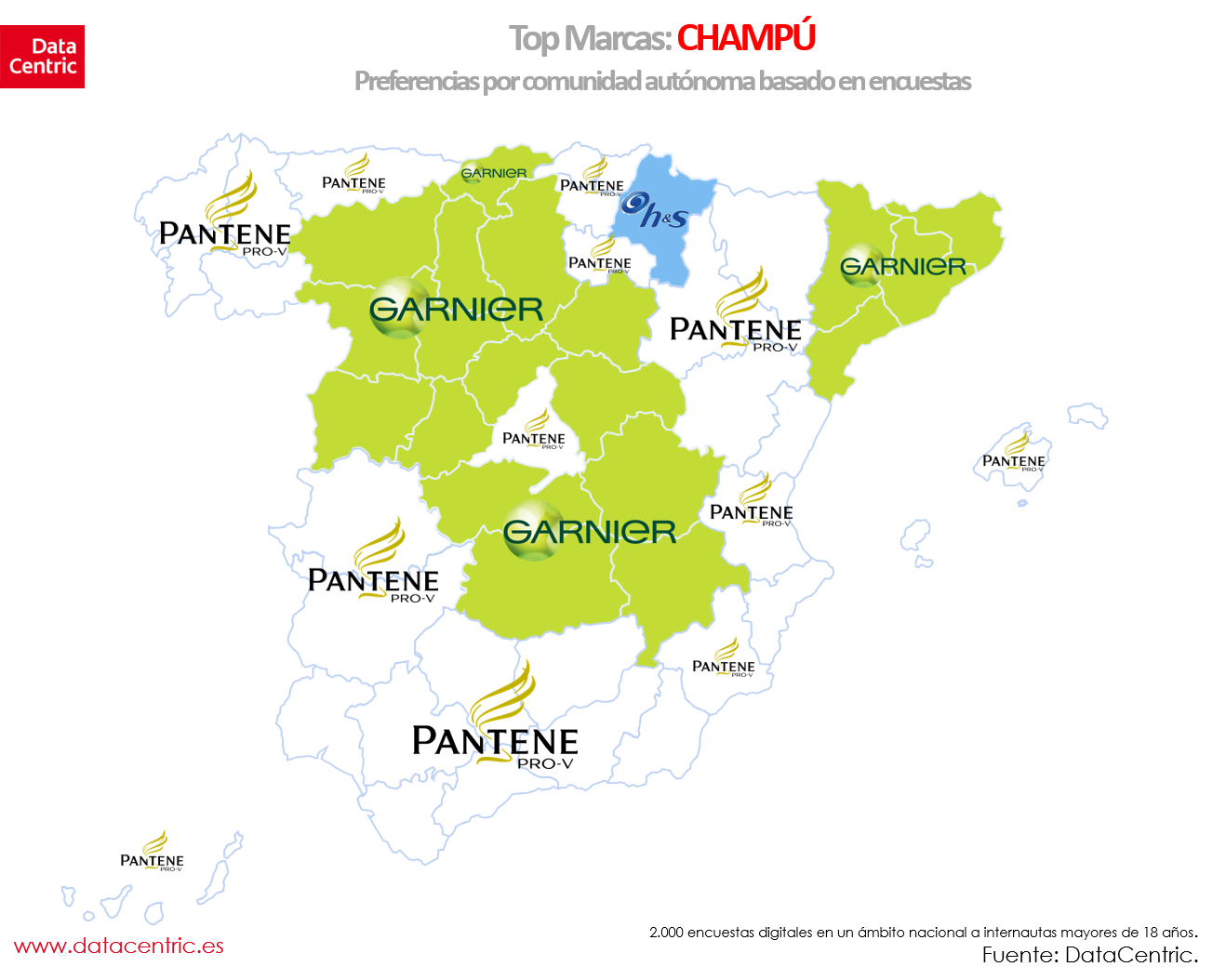 La preferencia por territorios ofrece pocas variaciones y nos encontramos con un mapa en el que se muestran tres marcas favoritas