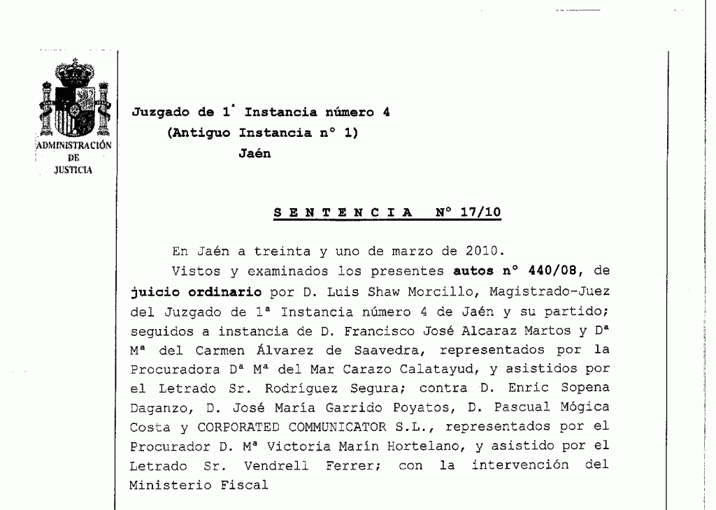 Publicación de la sentencia que condena a ELPLURAL.COM por vulnerar el honor de Alcaraz