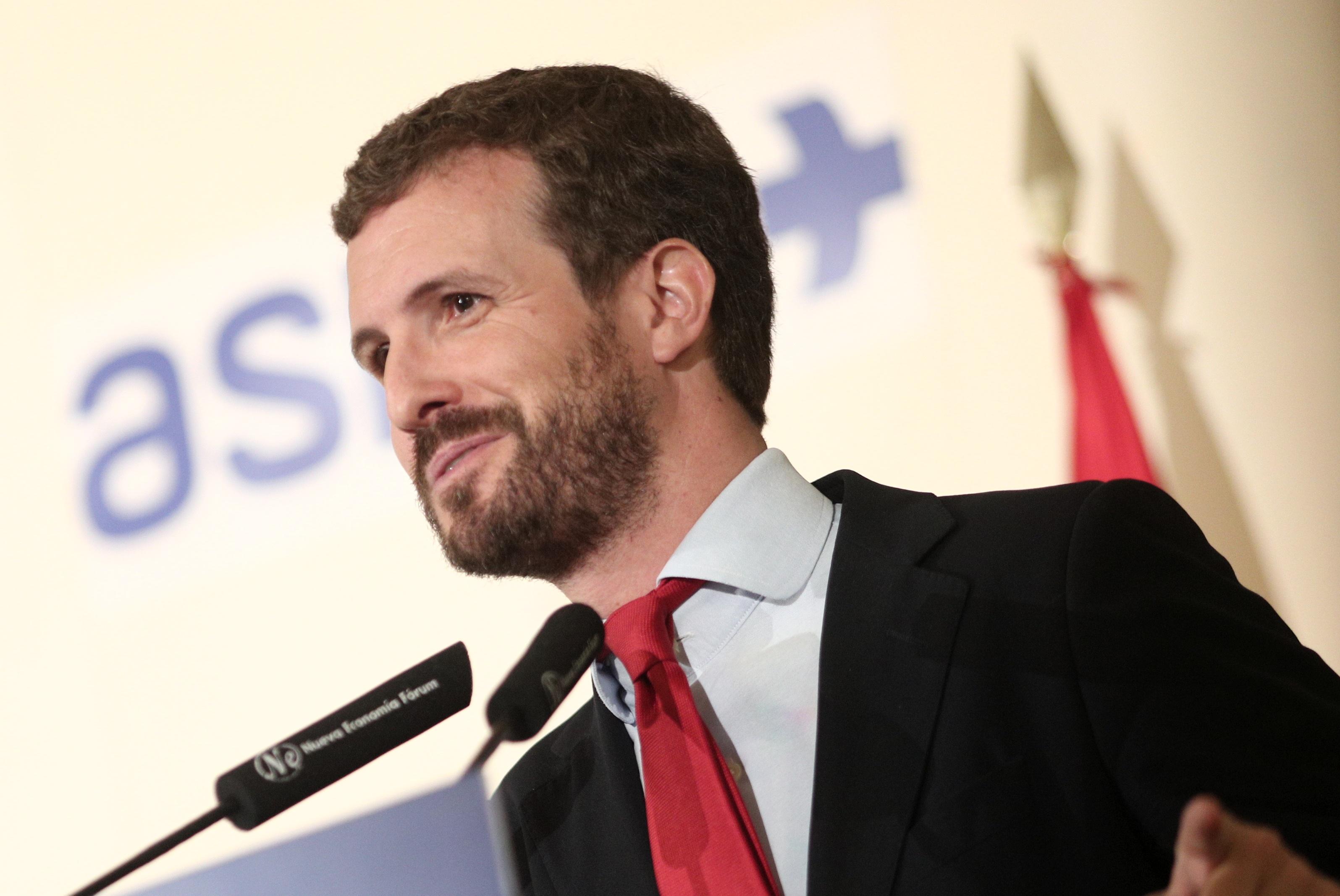 El presidente del PP Pablo Casado interviene en un desayuno informativo de la tribuna Fórum Europa organizado por Nueva Economía Fórum en el Hotel Westin Palace en Madrid a 16 de septiembre de 2