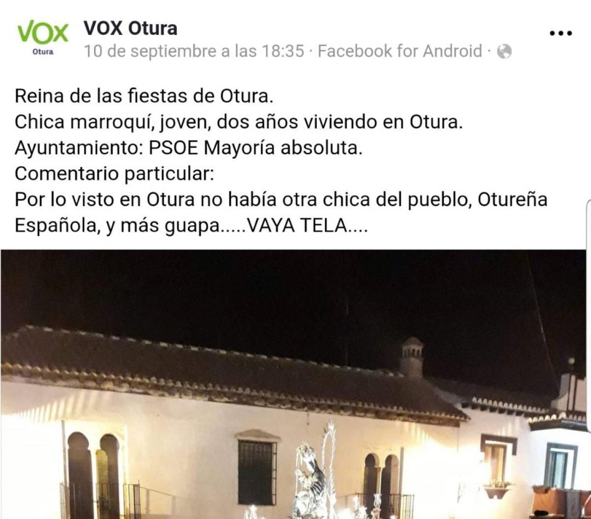 Publicación racista de Vox en Facebook. Facebook Publicación racista de Vox en Facebook. Facebook