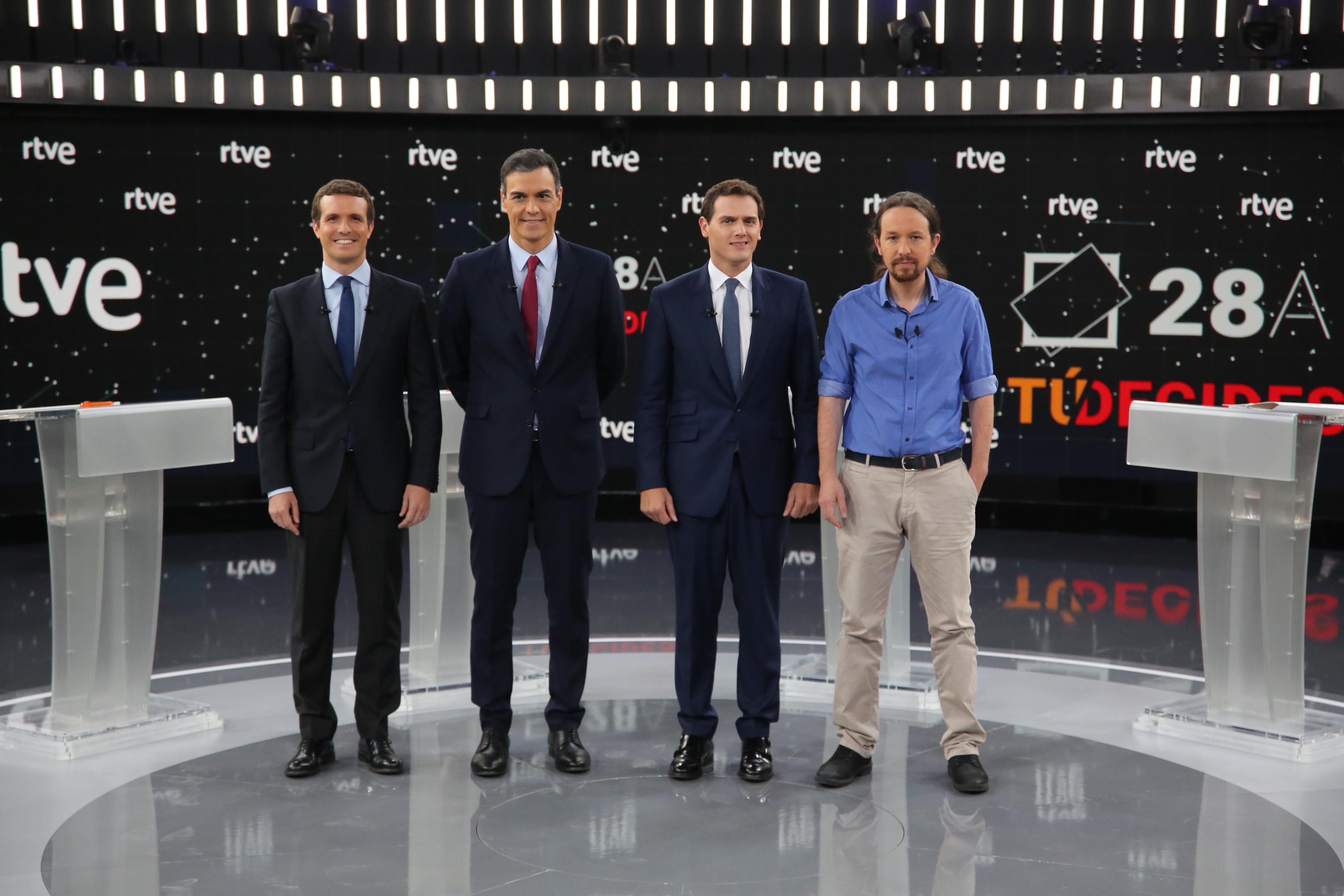 Debate de RTVE: El presidente del PP Pablo Casado; el presidente del Gobierno Pedro Sánchez; el presidente de Ciudadanos Albert Rivera; y el secretario general de Unidas Podemos Pablo Iglesias. EP