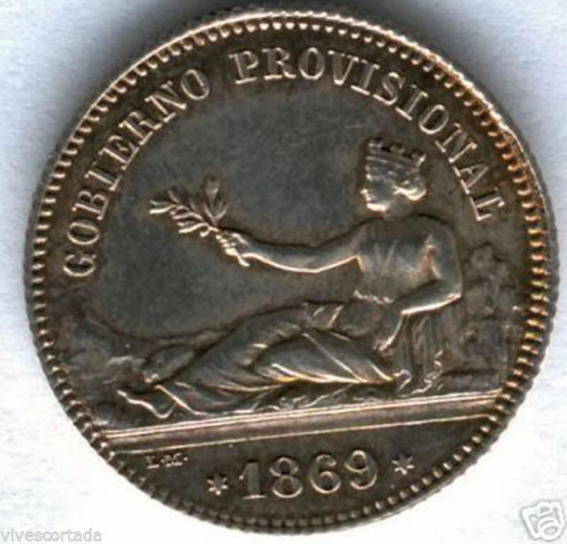 Peseta acuñada durante el gobierno provisional de 1869. Peseta acuñada durante el gobierno provisional de 1869.