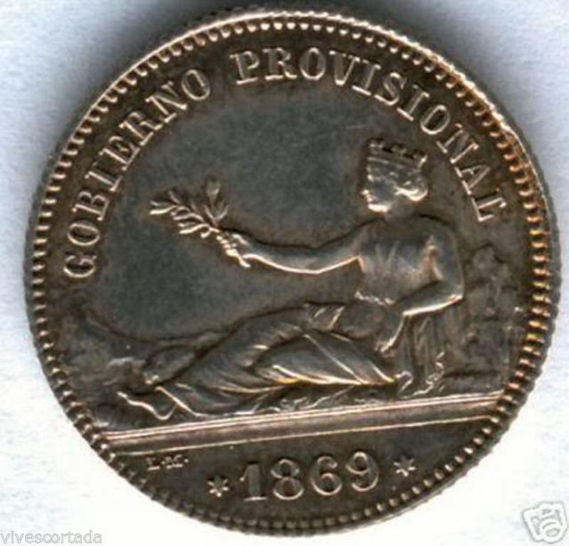 Peseta acuñada durante el gobierno provisional de 1869.