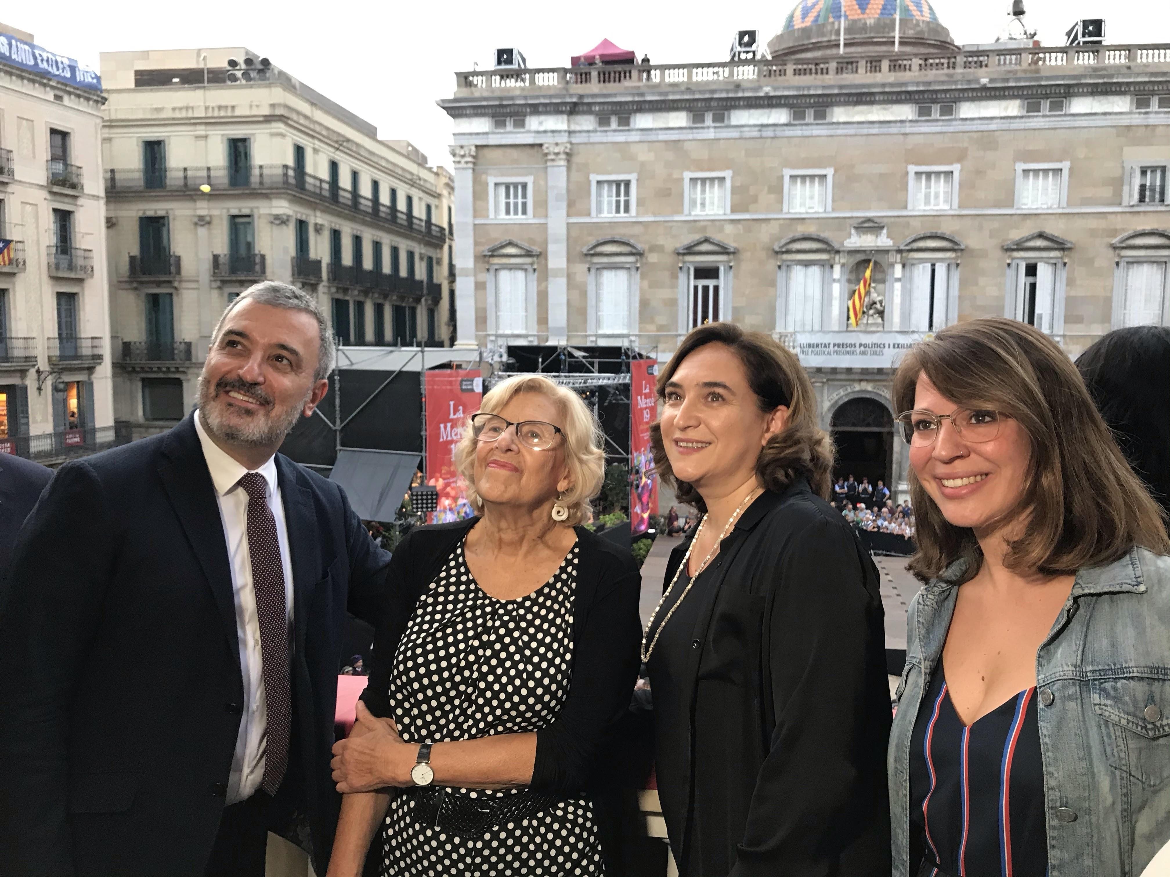 Jaume Collboni, Manuela Carmena, Ada Colau y Janet Sanz en las fiestas de La Mercè. EP