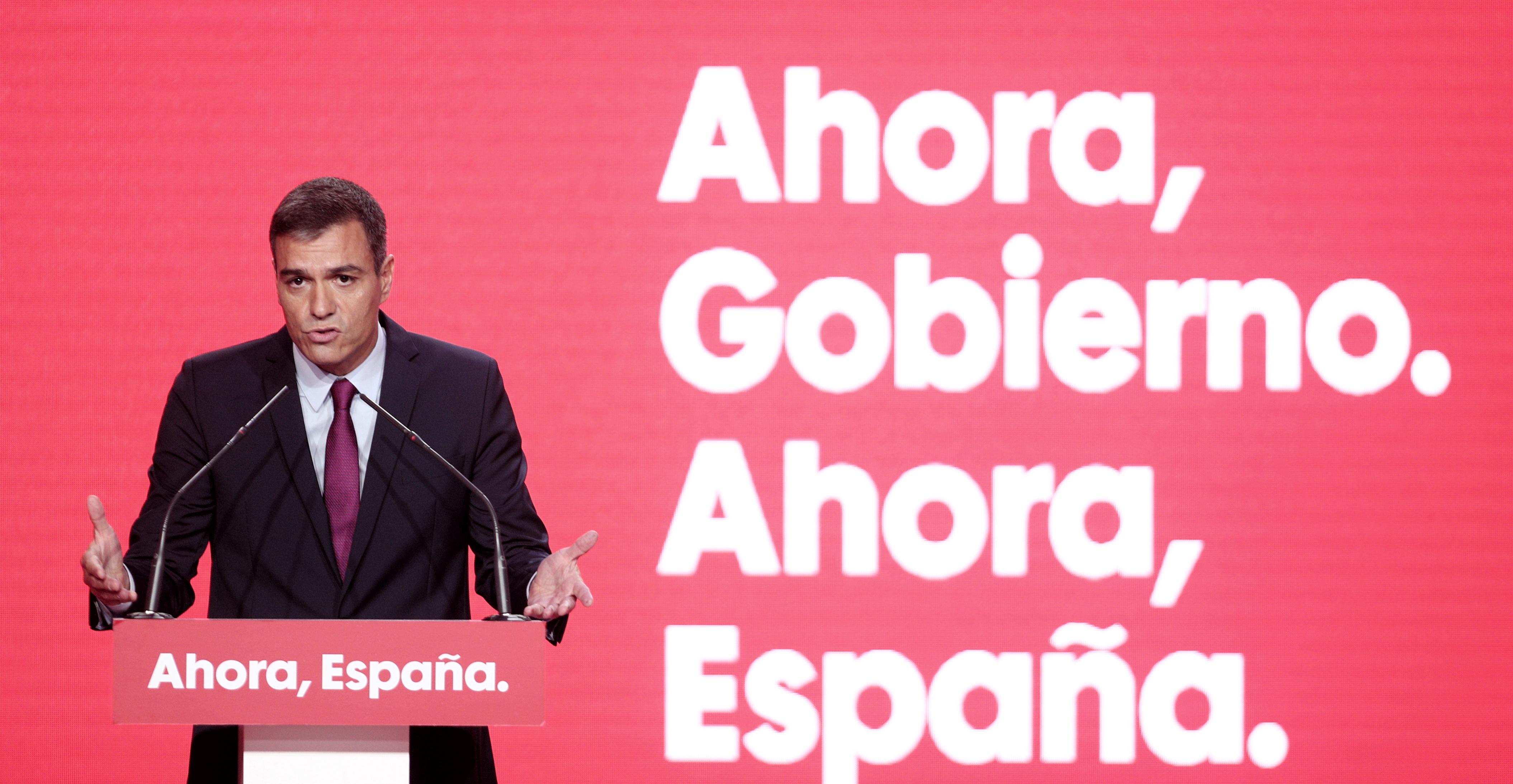Pedro Sánchez durante su intervención en el acto de presentación del lema de campaña del PSOE para las elecciones del 10 de noviembre