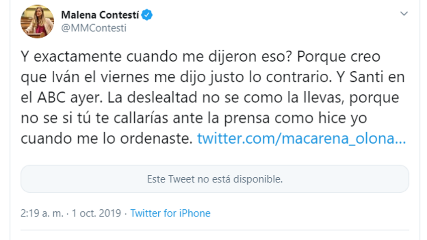 Tuit Malena Contestí a Macarena Olona Tuit Malena Contestí a Macarena Olona