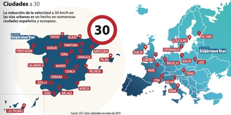 Ciudades españolas y europeas con 30 hm h. Fuente DGT