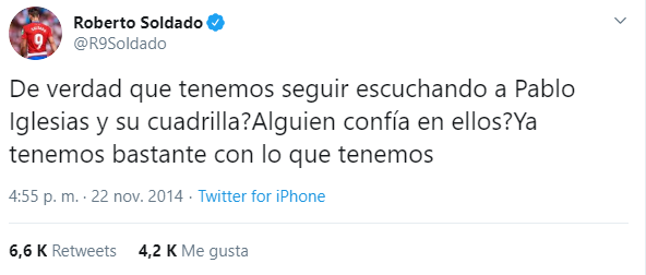 Tuit de Roberto Soldado. Tuit de Roberto Soldado.