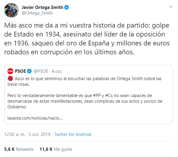 Captura de pantalla del tuit de Javier Ortega Smith.
