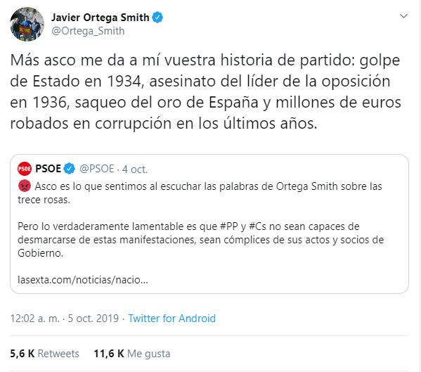Captura de pantalla del tuit de Javier Ortega Smith. Captura de pantalla del tuit de Javier Ortega Smith.