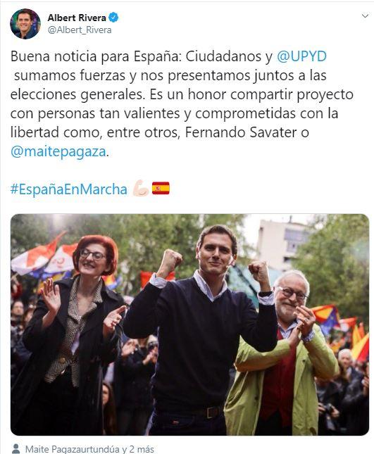 Tuit de Albert Rivera anunciado el fichaje de UPyD