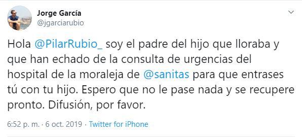Tuit de Jorge García en contra de Pilar Rubio. 