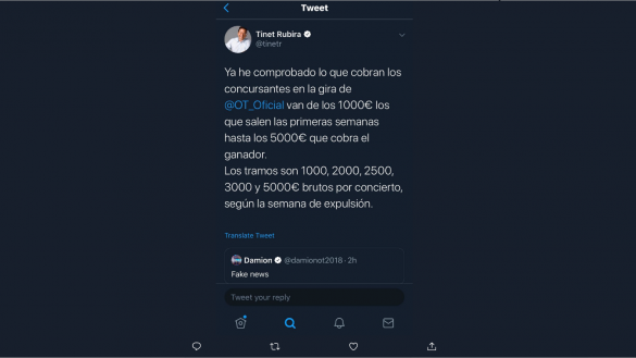 Respuesta de Tinet Rubira, productor de OT, reponde a Damion. Twitter