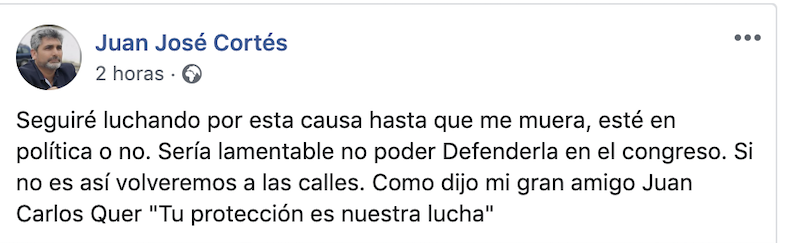 Mensaje de Juan José Cortés en Facebook. Fb