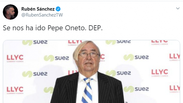 Tuit de Rubén Sánchez por la muerte de Pepe Oneto. Twitter