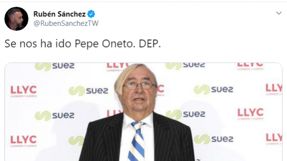 Tuit de Rubén Sánchez por la muerte de Pepe Oneto. Twitter Tuit de Rubén Sánchez por la muerte de Pepe Oneto. Twitter