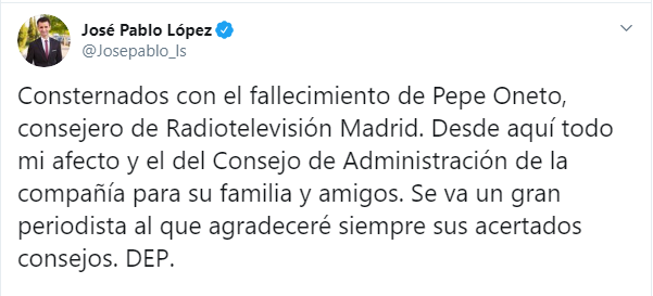 Tuit de José Pablo López por la muerte de Pepe Oneto. Twitter