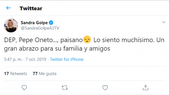 Tuit de Sandra Golpe por la muerte de Pepe Oneto. Twitter