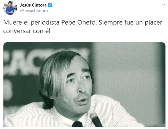 Tuit de Jesús Cintora por la muerte de Pepe Oneto. Twitter