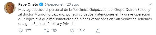 Tweet de Pepe Oneto en agosto