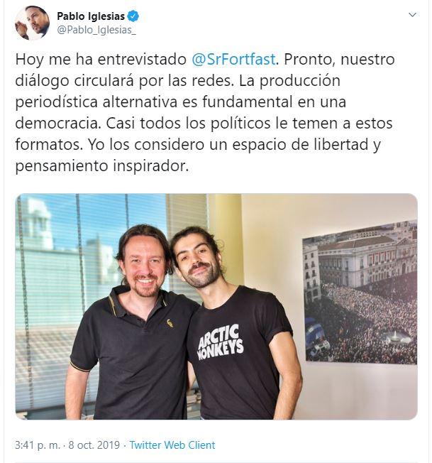 Captura de pantalla del tuit de Pablo Iglesias. 