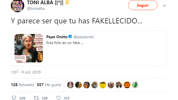 Tuit de Toni Albà burlándose de la muerte de Pepe Oneto. Twitter