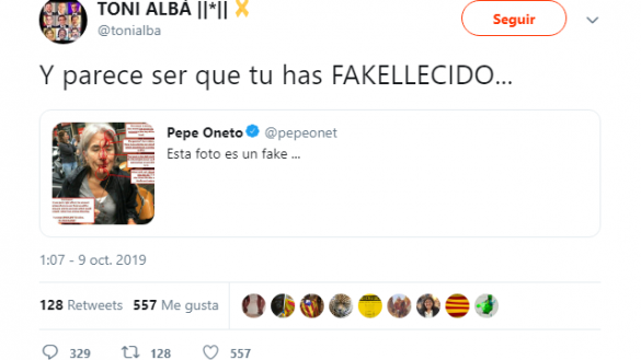 Tuit de Toni Albà burlándose de la muerte de Pepe Oneto. Twitter Tuit de Toni Albà burlándose de la muerte de Pepe Oneto. Twitter