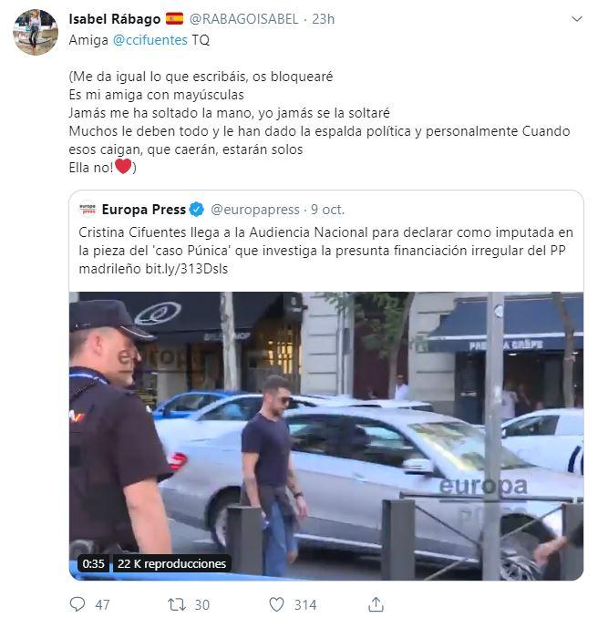 Tweet de Isabel Rábago a Cristina Cifuentes Tweet de Isabel Rábago a Cristina Cifuentes