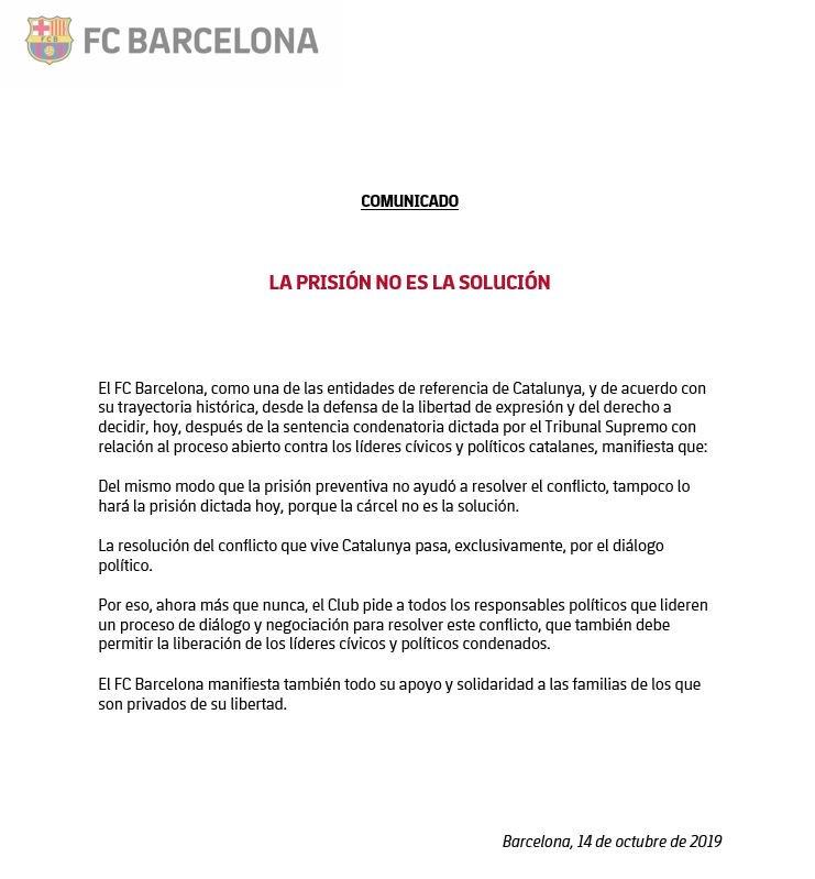 El comunicado del F.C Barcelona. Fuente: Twitter.