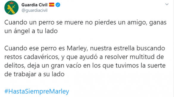 Tuit de la Guardia Civil despidiendose de Marley. Twitter Tuit de la Guardia Civil despidiendose de Marley. Twitter