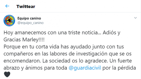 Tuit de Equipo Canino despidiéndose de Marley. Twitter Tuit de Equipo Canino despidiéndose de Marley. Twitter